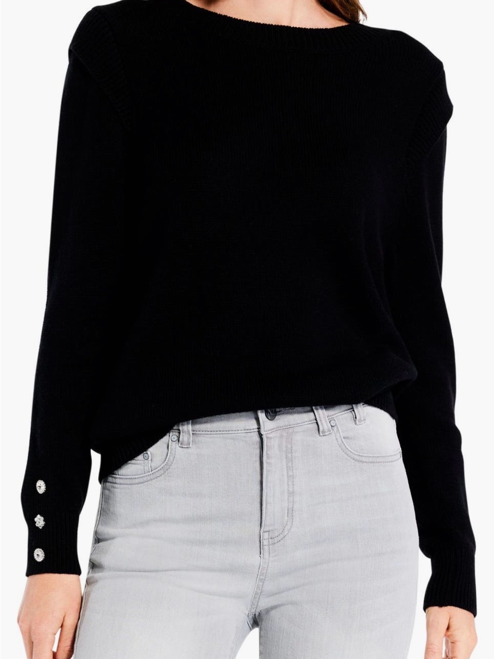 NIC+ZOE Black Playful Cuff Crewneck Sweater with Button Cuffs
